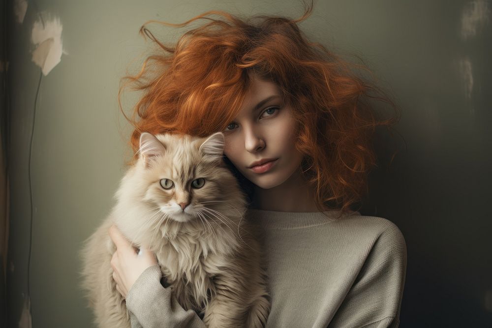 Ginger-haired woman and cat AI generated image