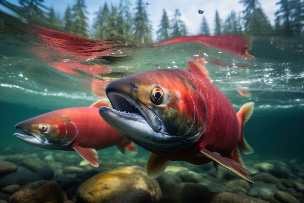 Red salmon swimming underwater AI generated image