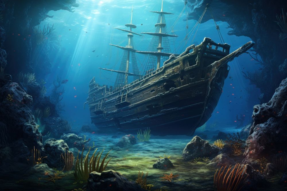 Wrecked ship at ocean floor illustration AI generated image