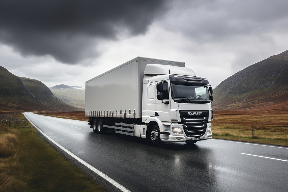 White cargo truck on cloudy day 