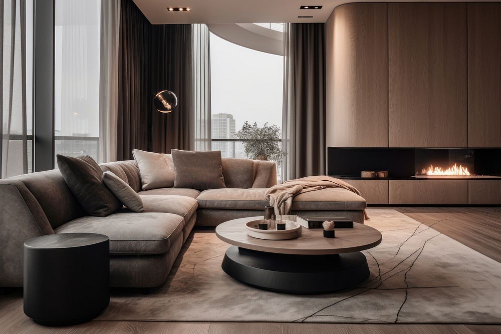 Luxury living room with fireplace AI generated image