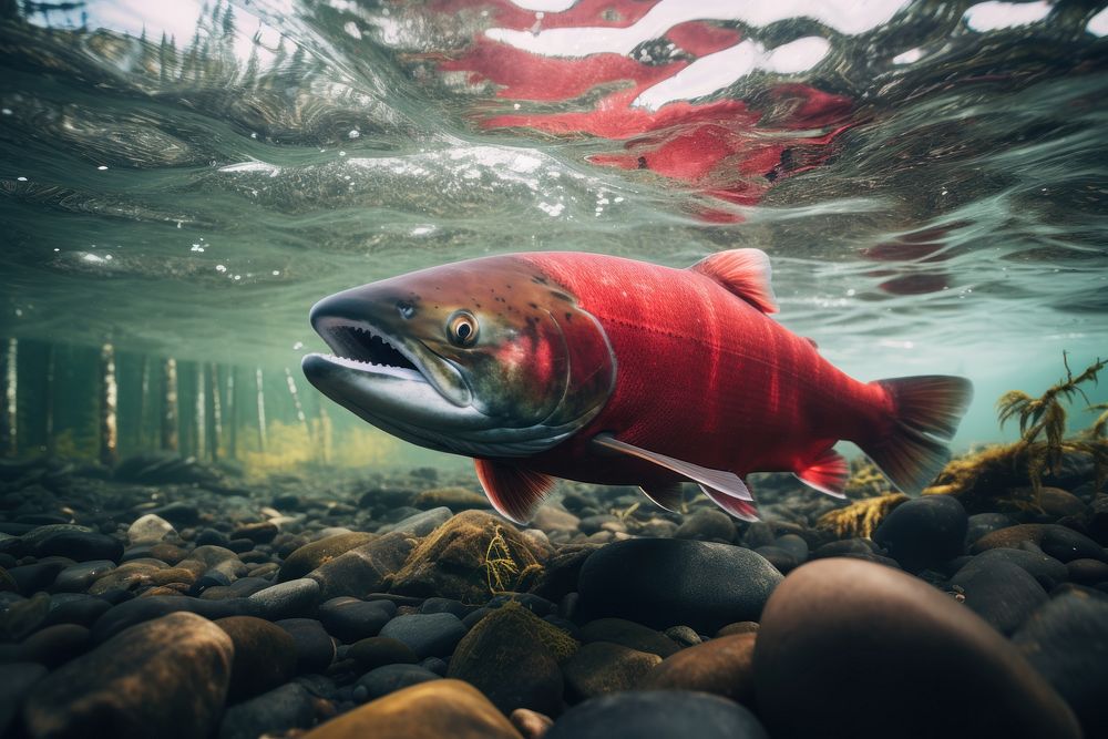 Red salmon swimming underwater AI generated image