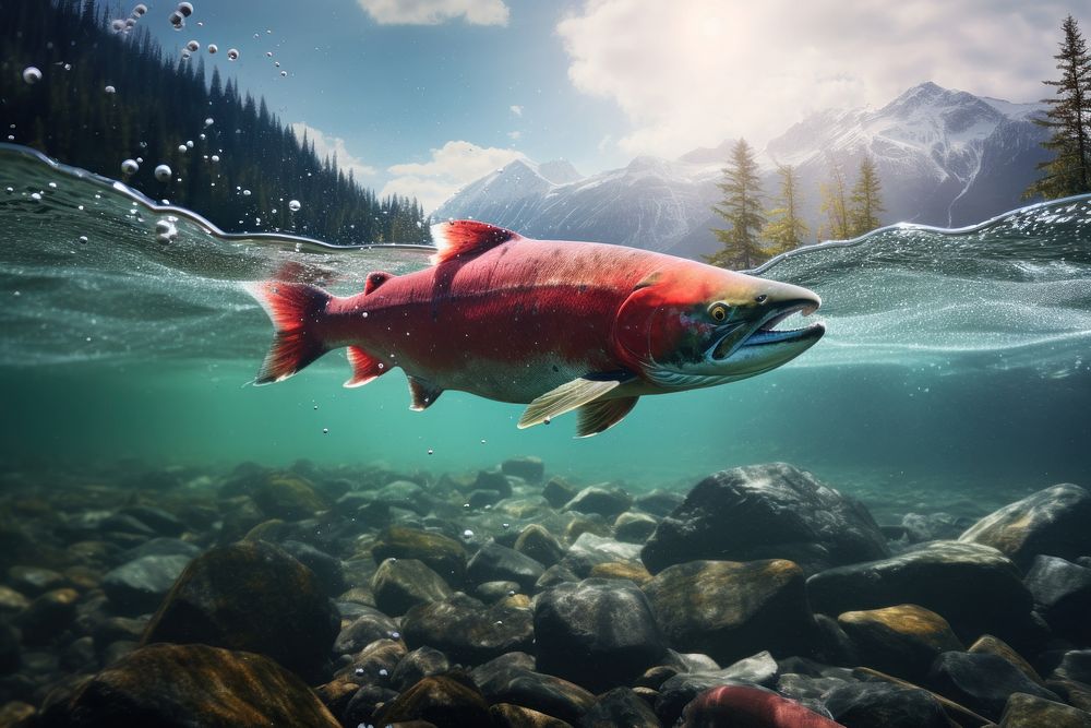 Red salmon swimming underwater AI generated image