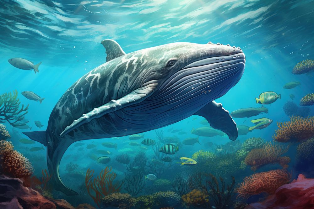 Whale in coral reef illustration AI generated image