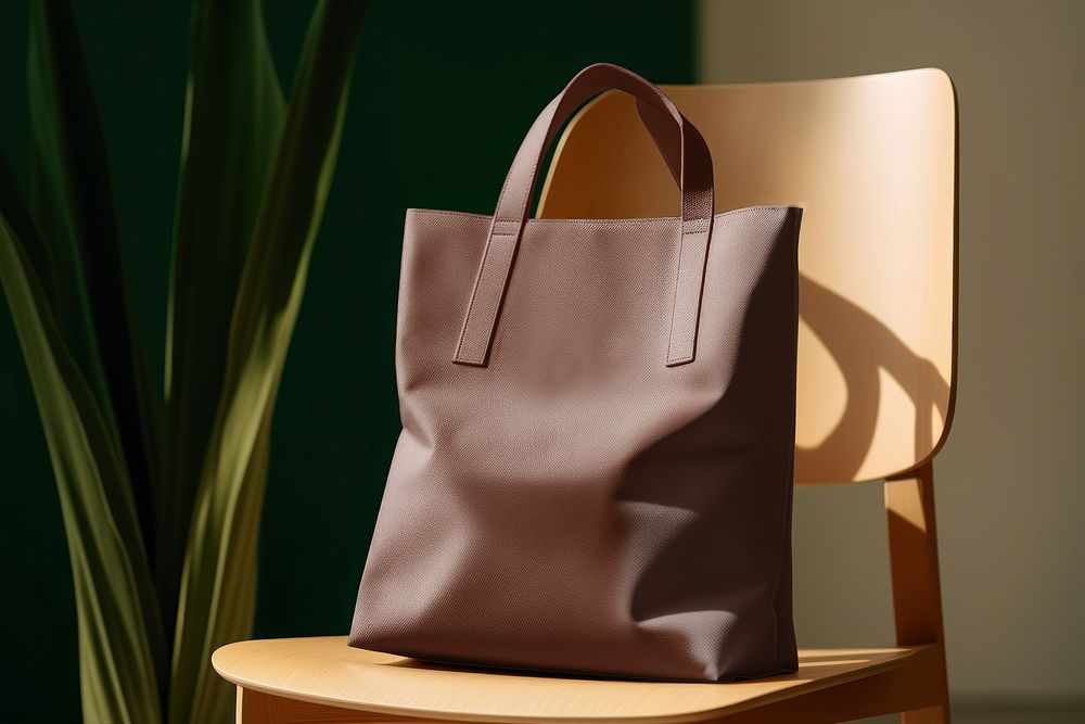 Tote bag on wooden table, natural light. image .