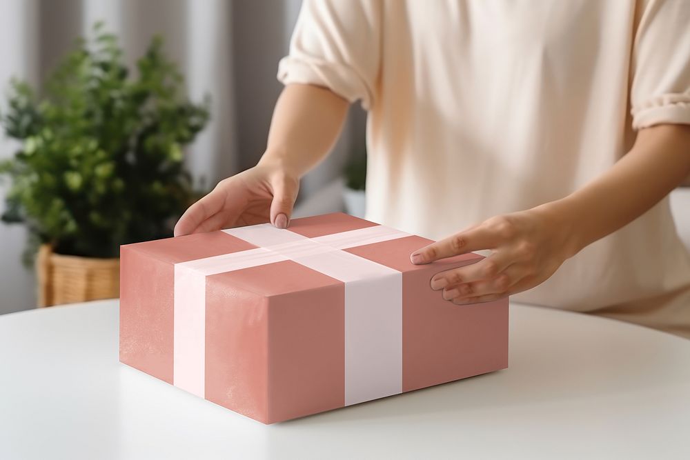 Woman wrapping white gift box