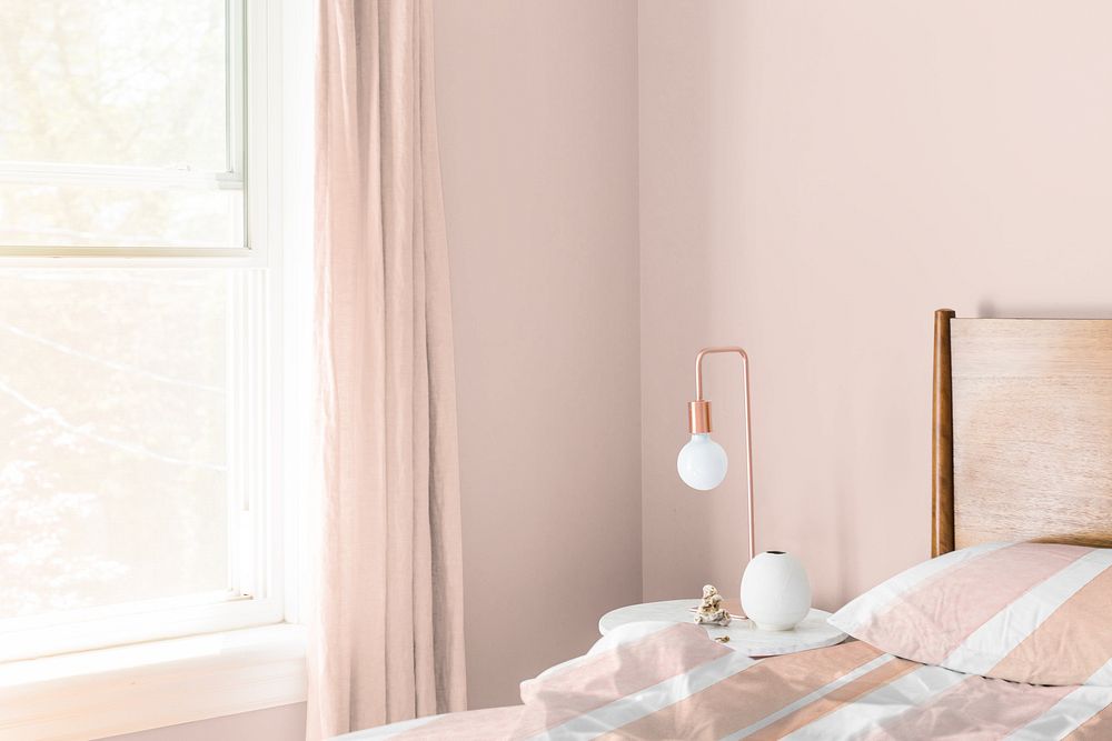 Pink bedroom, aesthetic interior photo