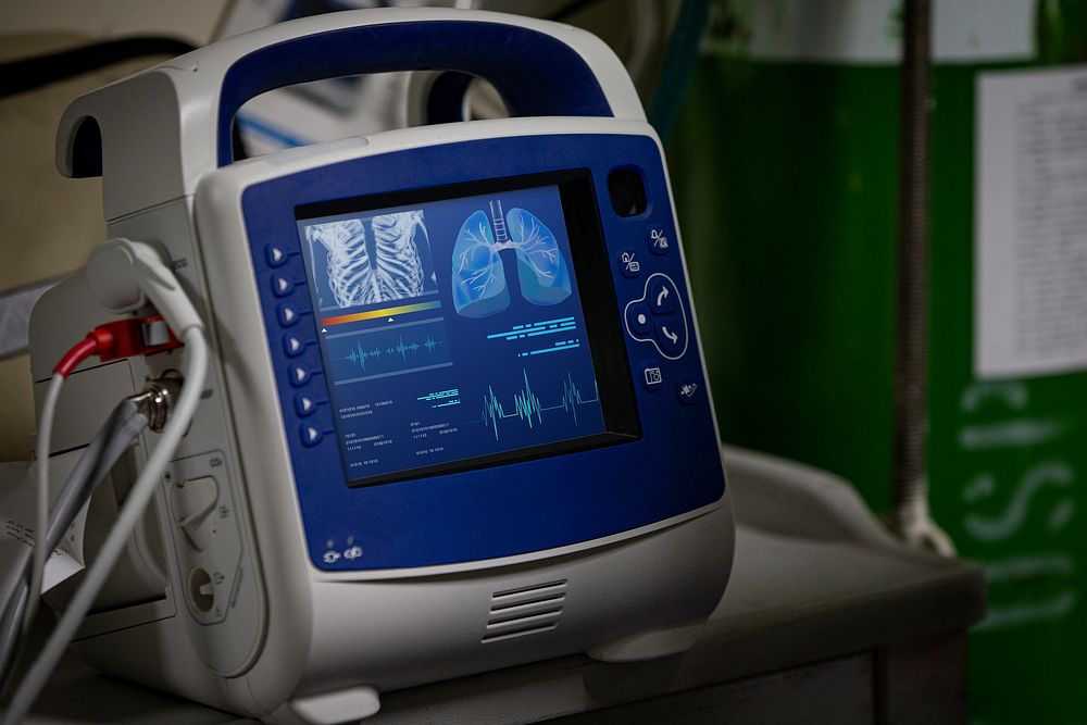 Airworthy defibrillator screen mockup, medical equipment psd