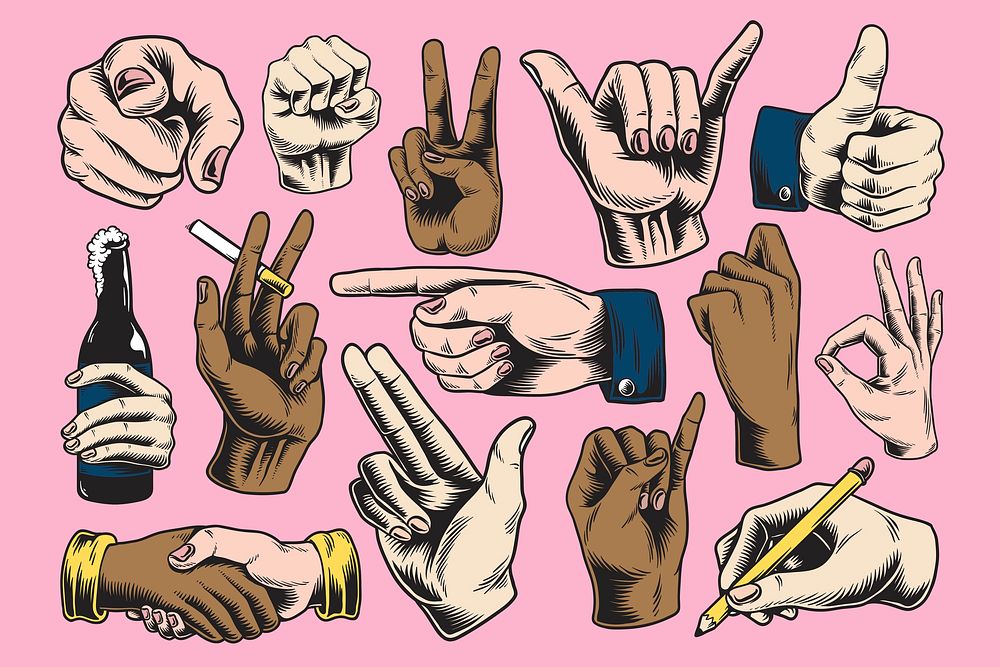 Vintage hand sign, gesture illustration set psd