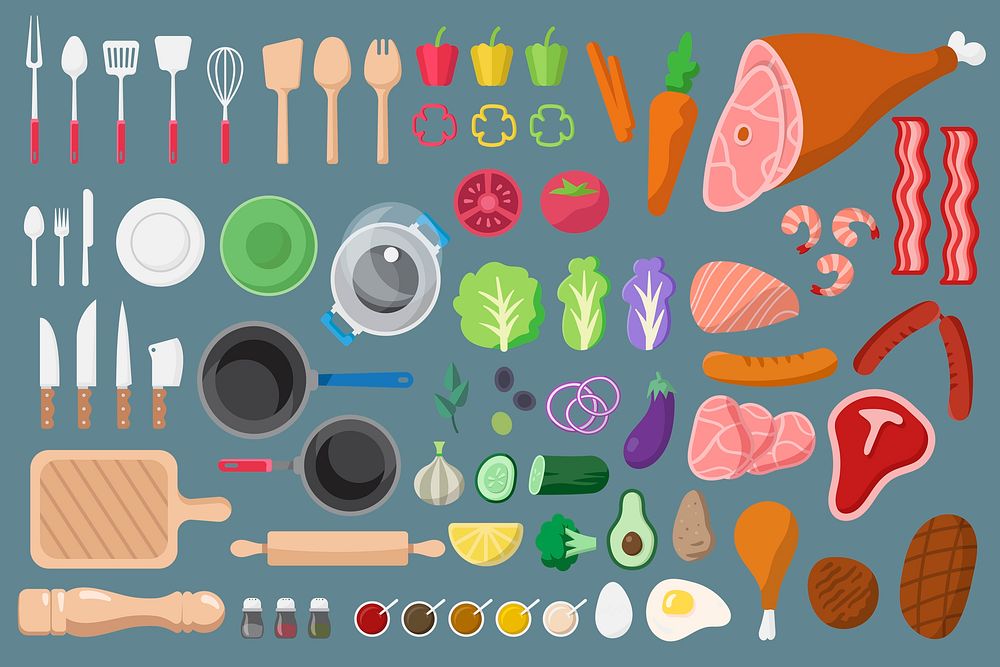 Kitchenware, vegetables & ingredients illustration set psd