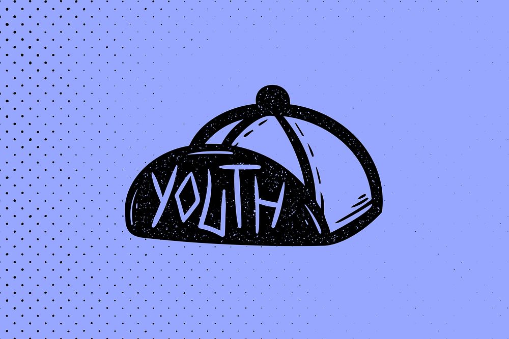 Purple baseball cap, youth word