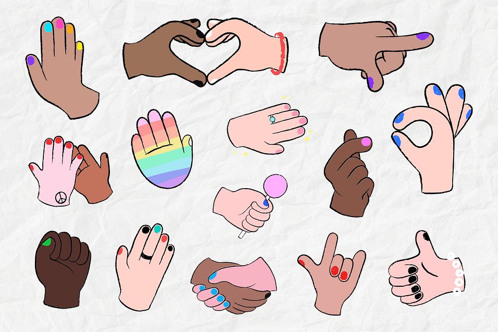 Colorful hand gesture element, diversity & pride set psd