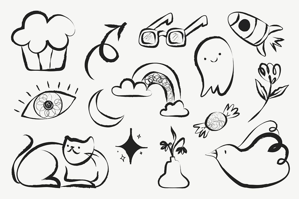 Cute line art doodle illustration psd set