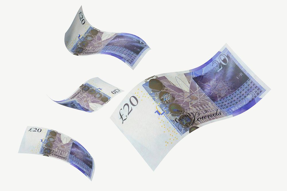 20 British pounds bank notes, collage element psd