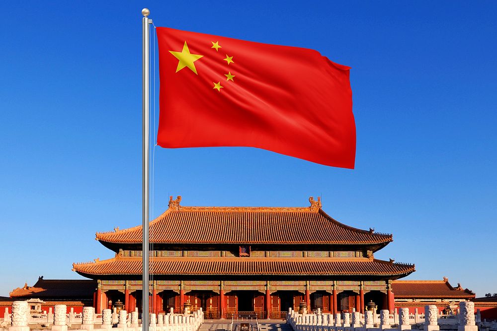 Waving Chinese flag mockup psd