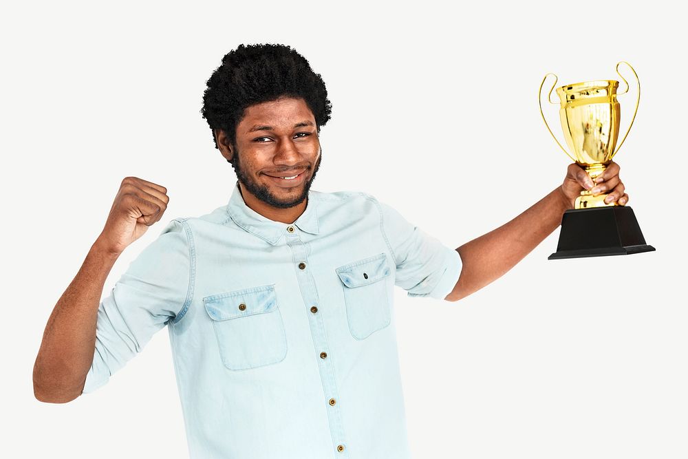 African man won prize trophy collage element psd.