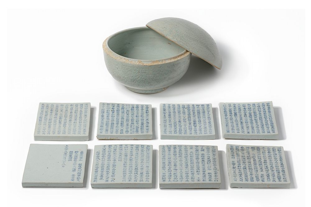 Burial Panels and Covered Bowl Set with Inscriptions in Underglaze Cobalt - blue by Seo Yongbo