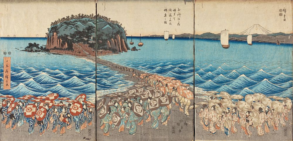 Crowds Visiting the Shrine of Benzaiten at Enoshima in Sagami Province on the Occasion of the Special Viewing by Utagawa…