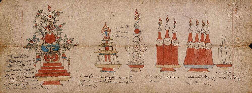 Four Manuscript Pages with Ceremonial Offering Cakes (Torma) and Ritual Objects