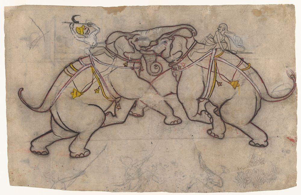 An Elephant Fight (Recto) and Vasudeva Rescues Baby Krishna (Verso)