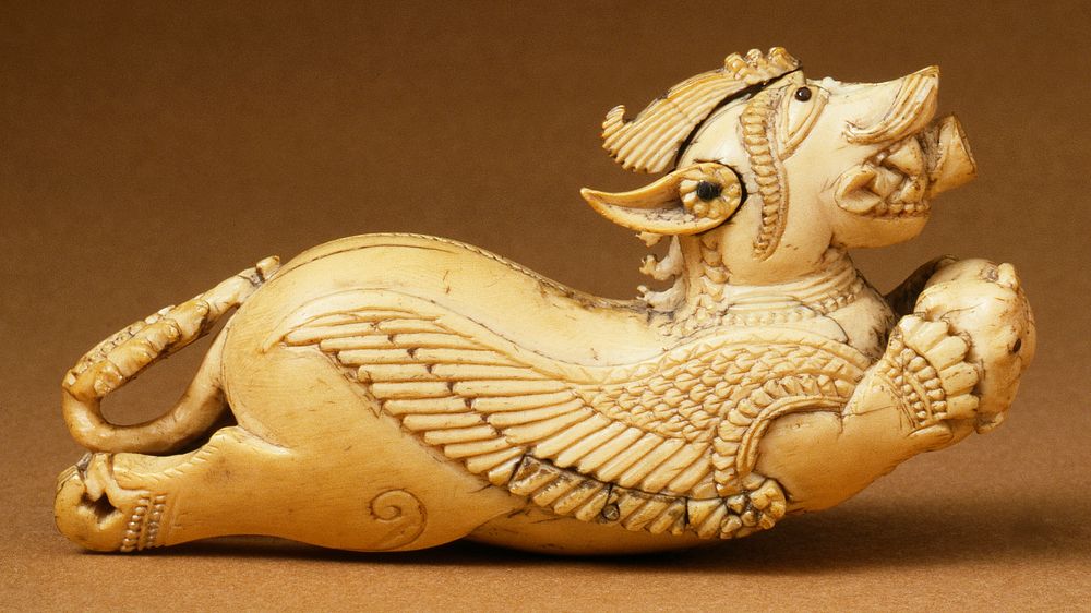 Powder Primer Flask (baruddan) in the Form of a Winged Lion Crushing an Elephant