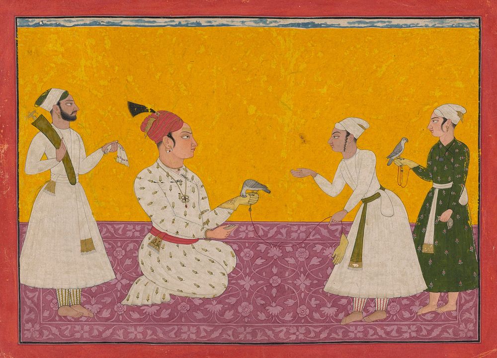 Raja Medini Pal (Reigned 1722-1736) of Basohli Being Presented with a Falcon