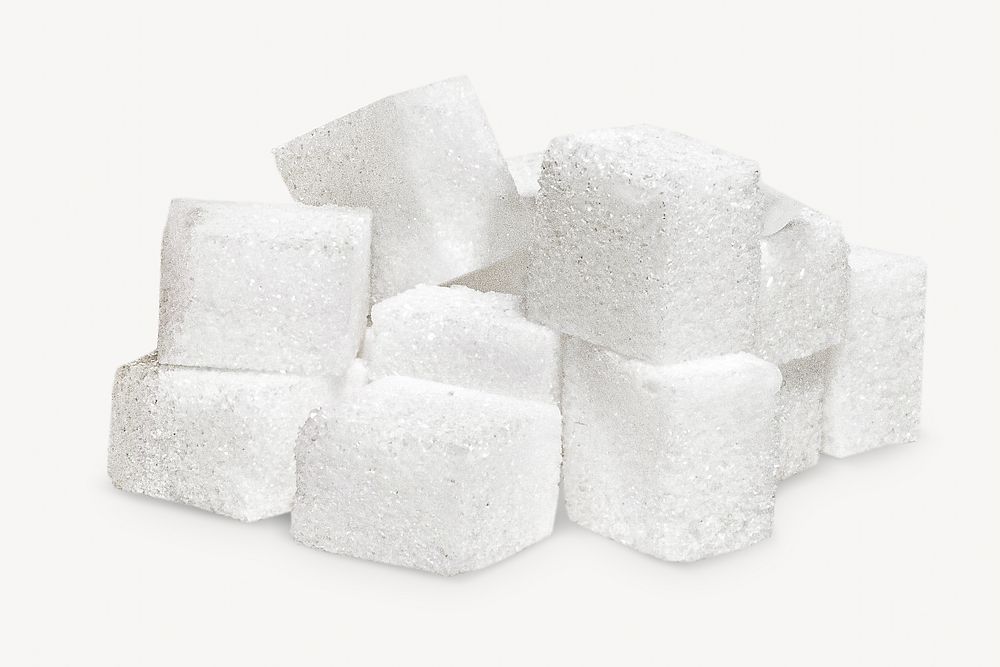 Sugar cubes pile on white background