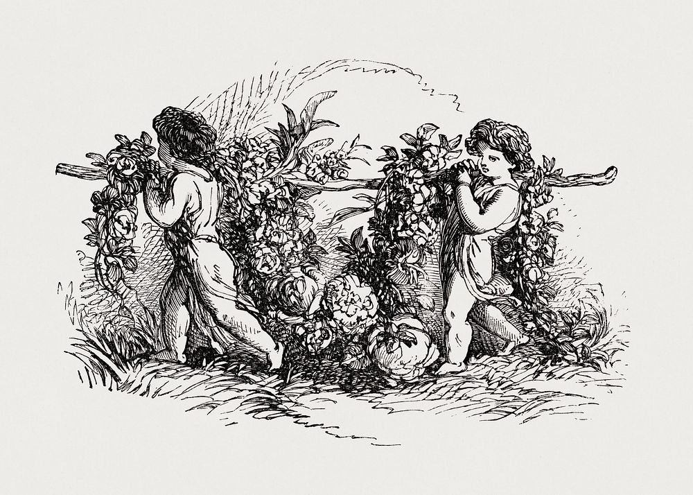 Children carrying plants in the garden, vintage illustration by Fran&ccedil;ois-Fr&eacute;d&eacute;ric Grobon. Public domain…