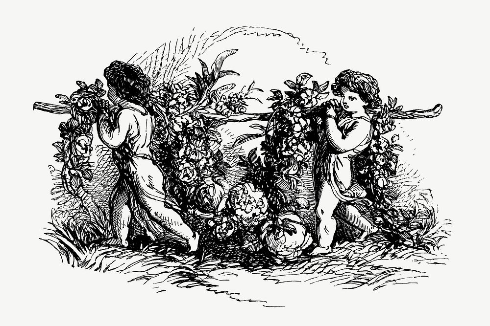 Children carrying plants in the garden, vintage illustration by François-Frédéric Grobon. Remixed by rawpixel.