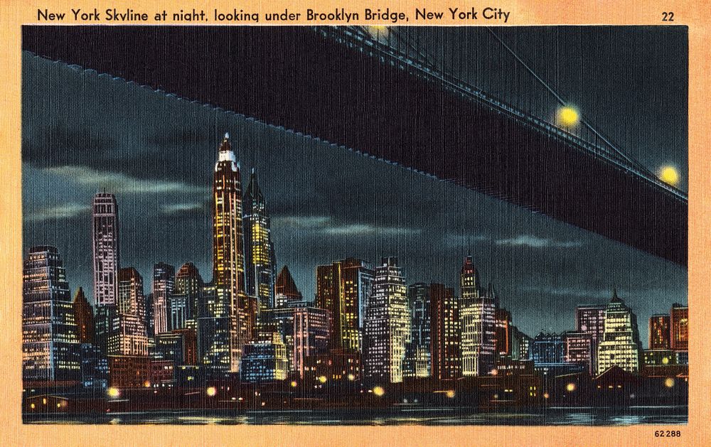 New York skyline at night, looking under Brooklyn Bridge, New York City (1930&ndash;1945) chromolithograph.  Original public…