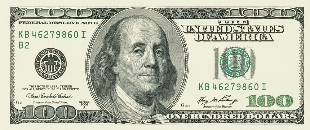 Front of the U.S. $100 (1996) engraving art. Original public domain image from Wikipedia. Digitally enhanced by rawpixel.