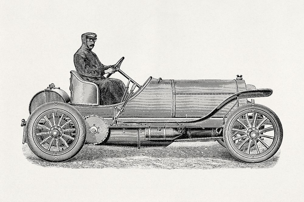 Mercedes Gordon Bennet car (1908) drawing. Original public domain image from Wikipedia. Digitally enhanced by rawpixel.