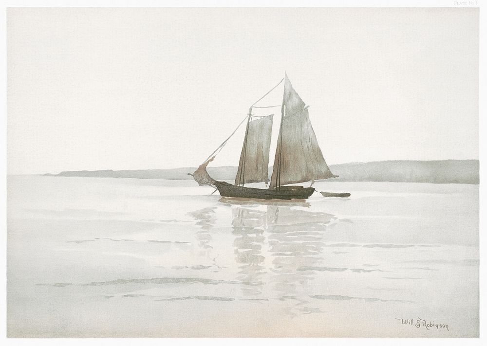 Prang's progressive studies in water-color painting, Part II (1890), vintage sailboat illustration by Will S. Robinson.…