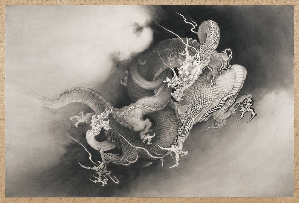 Two Dragons in Clouds (1885), vintage Japanese dragon illustration by Kanō Hōgai. Original public domain image from…