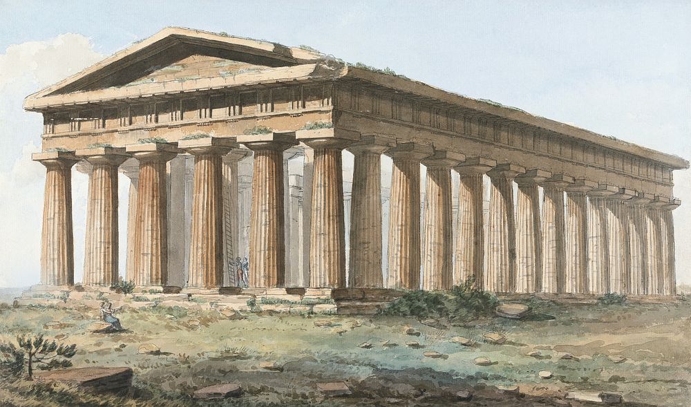 Views in the Levant: Paestum (1785) vintage building illustration by Willey Reveley. Original public domain image from Yale…