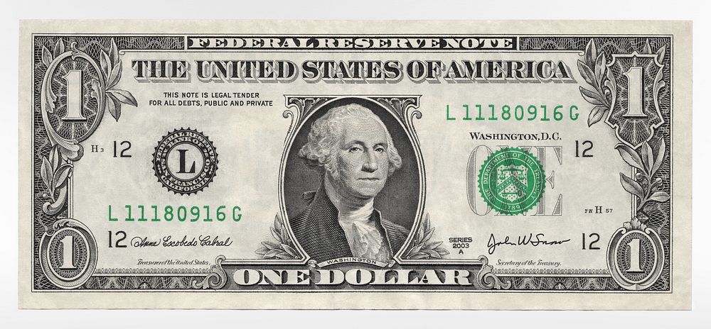 United States one dollar bill, obverse (2003) engraving art. Original public domain image from Wikimedia Commons. Digitally…