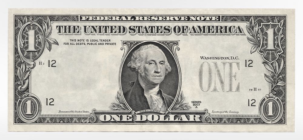 United States one dollar bill, obverse (2003) engraving art. Original public domain image from Wikimedia Commons. Digitally…