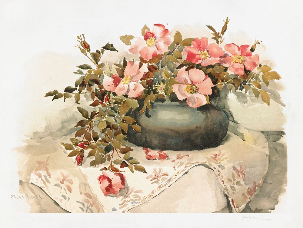 Wild roses (1885) chromolithograph art by Parker, Elizabeth F. Original public domain image from Digital Commonwealth.…