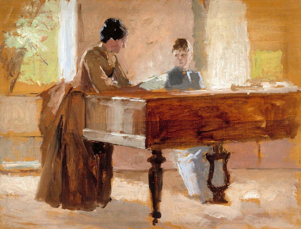 In the Drawing Room at Haikko, study for An Old Tune (1888) by oil painting art Albert Edelfelt. Original public domain…