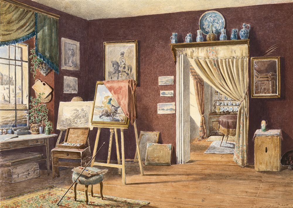 View of the artist's atelier (1891) watercolor art by Friedrich Carl von Scheidlin. Original public domain image from Web…