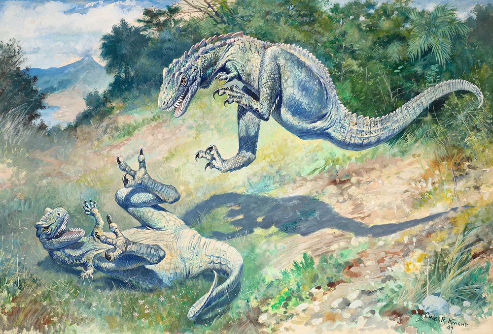 Leaping Laelaps - Two Laelaps/Dryptosaurus fighting (1897) painting by Charles R. Knight. Original public domain image from…