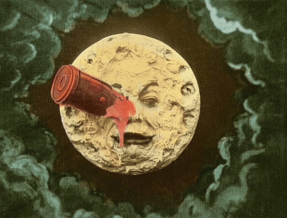  Frame from the only surviving hand-colored print of Georges M&eacute;li&egrave;s's 1902 film Le voyage dans la lune (1902)…