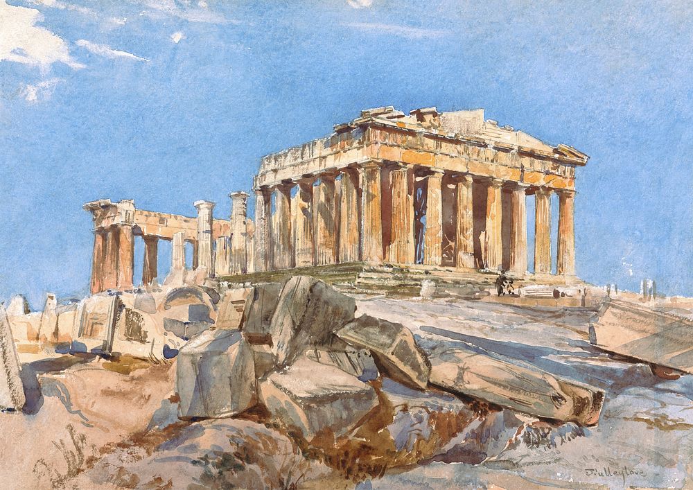 The Parthenon from the North End of the Eastern Portico of the Propylae, Evening Light (1895) architecture watercolor art by…