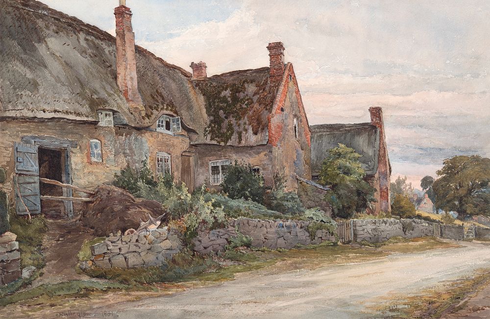 Thatched Cottage with Barn Adjoining (1845 &ndash;1908) watercolor art by John Fulleylove. Original public domain image from…