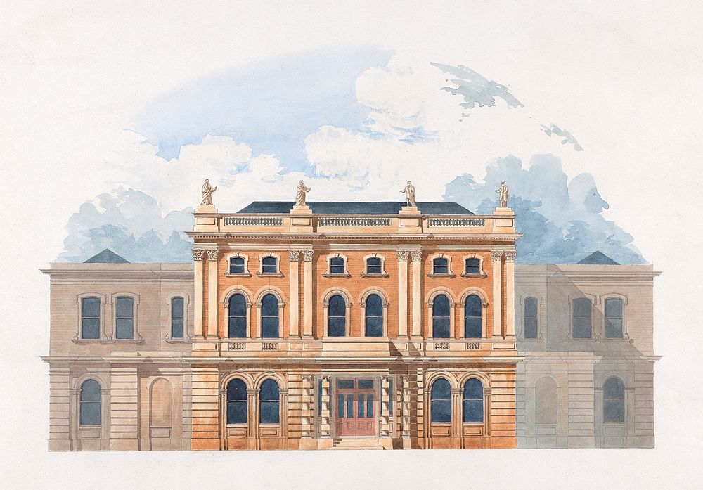 Design for the Mechanics' Institution, Basingstoke: Elevation (1807&ndash;1880) architecture watercolor art by Thomas Henry…