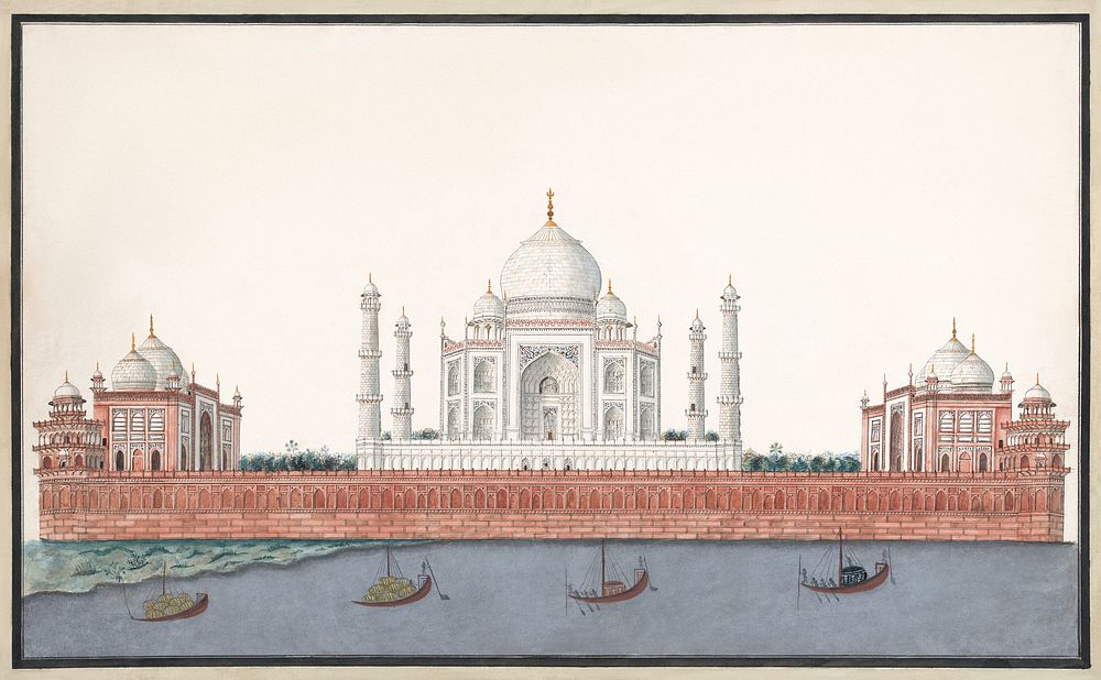 The Taj Mahal from the River (1818) architecture watercolor art. Original public domain image from Yale Center for British…