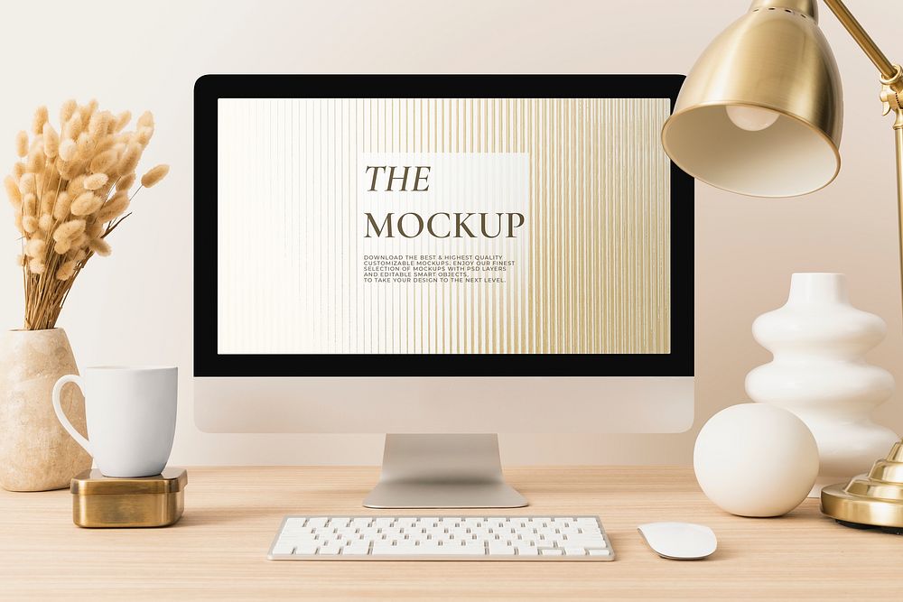 Computer screen mockup psd, aesthetic workspace design, clean decoration