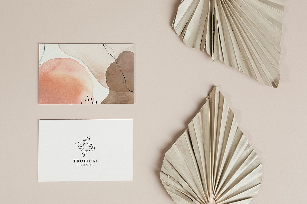 Business cards with dried palm leaves mockup