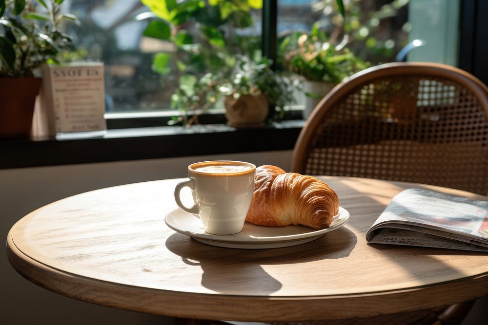 Croissant coffee table plate. AI generated Image by rawpixel.
