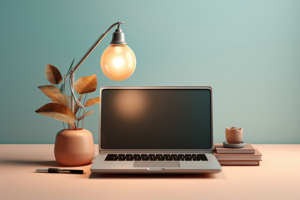 Computer laptop lamp illuminated. AI generated Image by rawpixel.